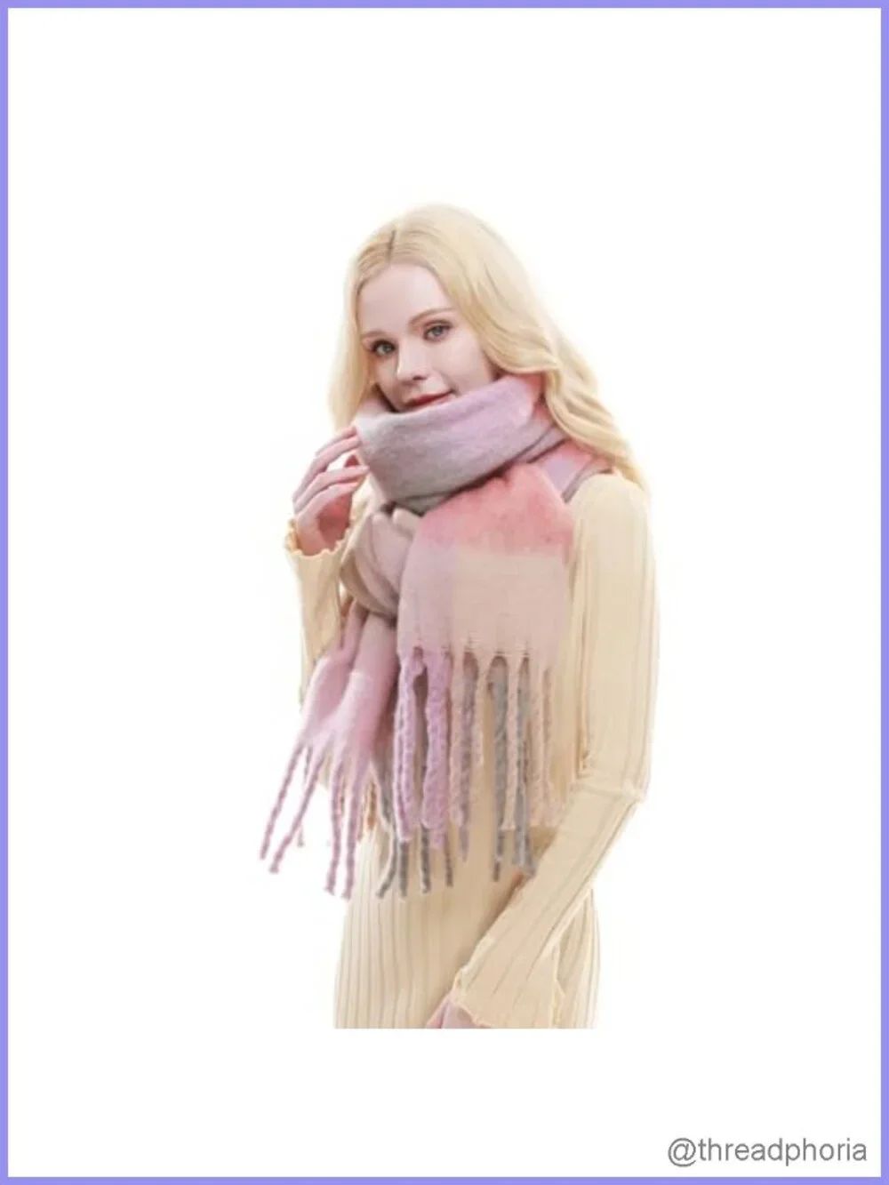Chunky Plaid Winter Scarf Oversized Blanket Scarf with Fringes Soft Warm